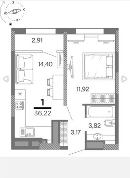 1-к квартира, 17/25 эт., 36м²