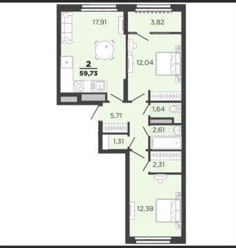 2-к квартира, 10/25 эт., 60м²