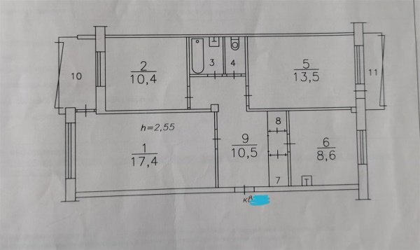 3-к квартира, 2/5 эт., 68м²