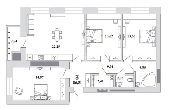 3-к квартира, 7/16 эт., 86м²